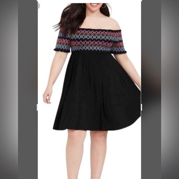 TORRID BLACK EMBROIDERED JESERY OFF SHOULDER SKATER DRESS BLACK SIZE 2 - Picture 1 of 12